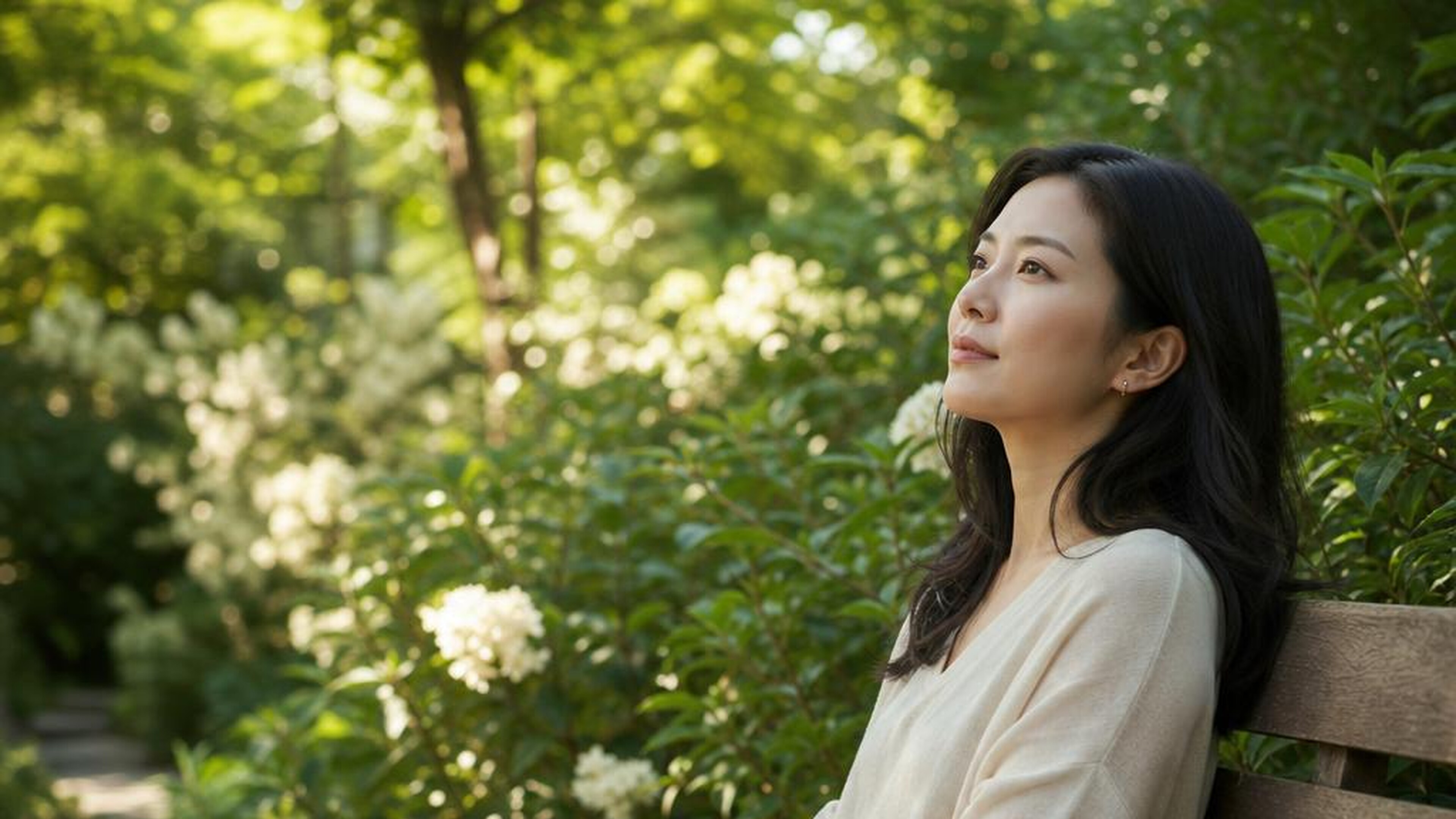 An adult resting on a bench in a leafy garden, illustrating a quiet moment for anxiety support. Generated illustration, not an actual patient.