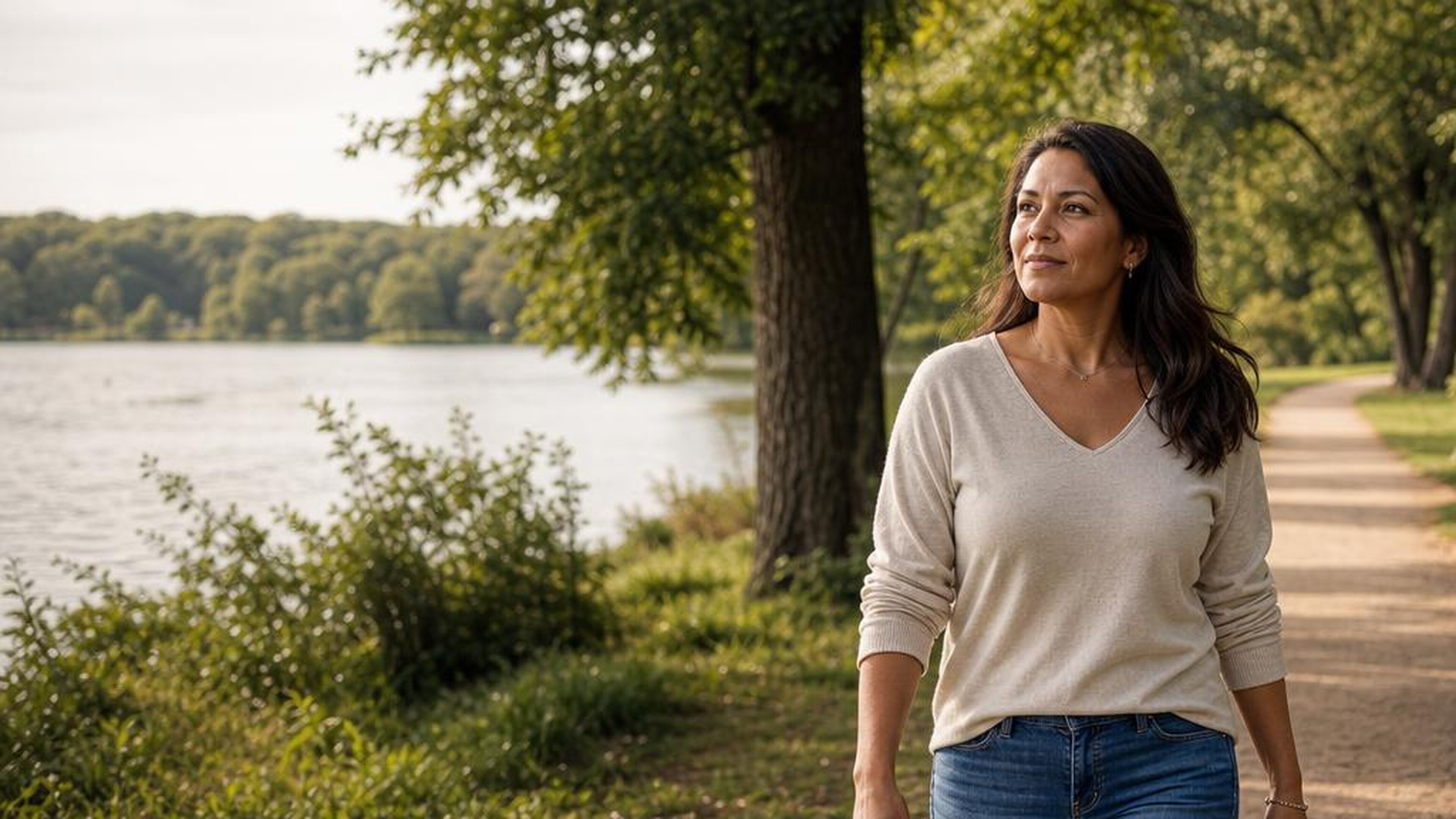 An adult walking on a tree-lined lakeside path, illustrating steadiness and ongoing support for bipolar disorder. Generated illustration, not an actual patient.