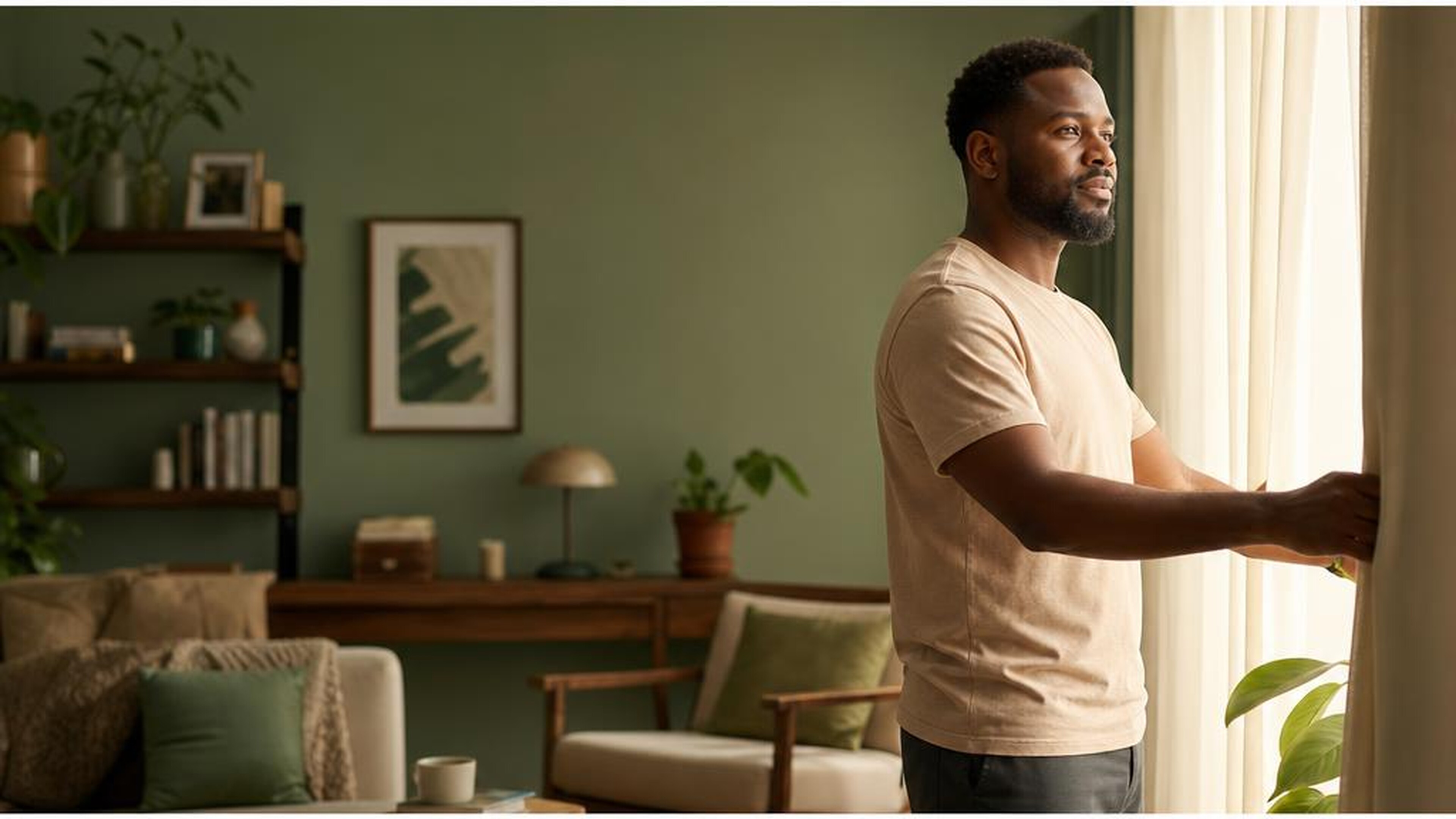 An adult opening curtains to daylight in a comfortable room, illustrating a reflective moment for depression support. Generated illustration, not an actual patient.