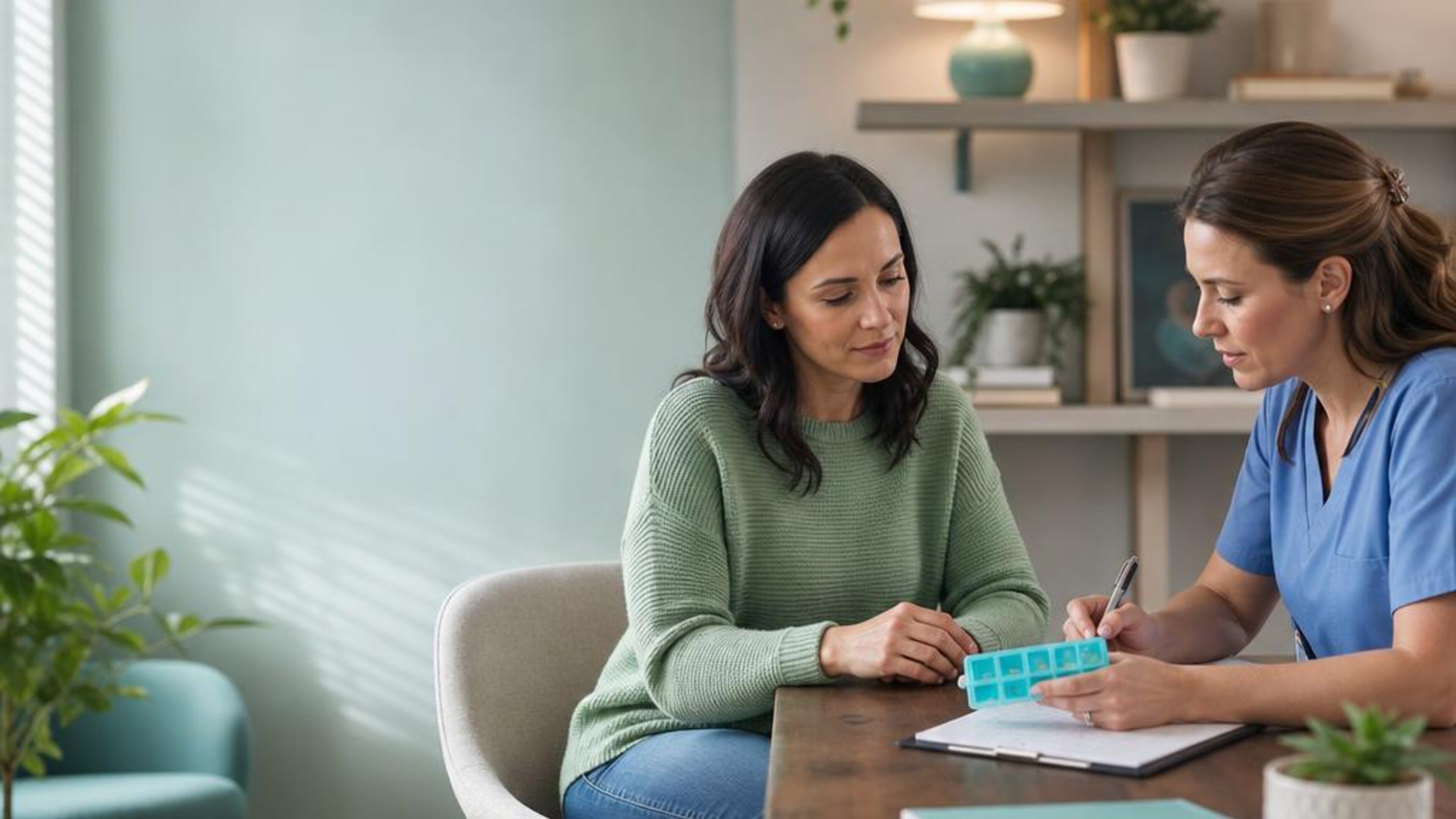 An adult and clinician discussing notes and a pill organizer at a desk, illustrating medication management. Generated illustration, not actual patients or clinic staff.