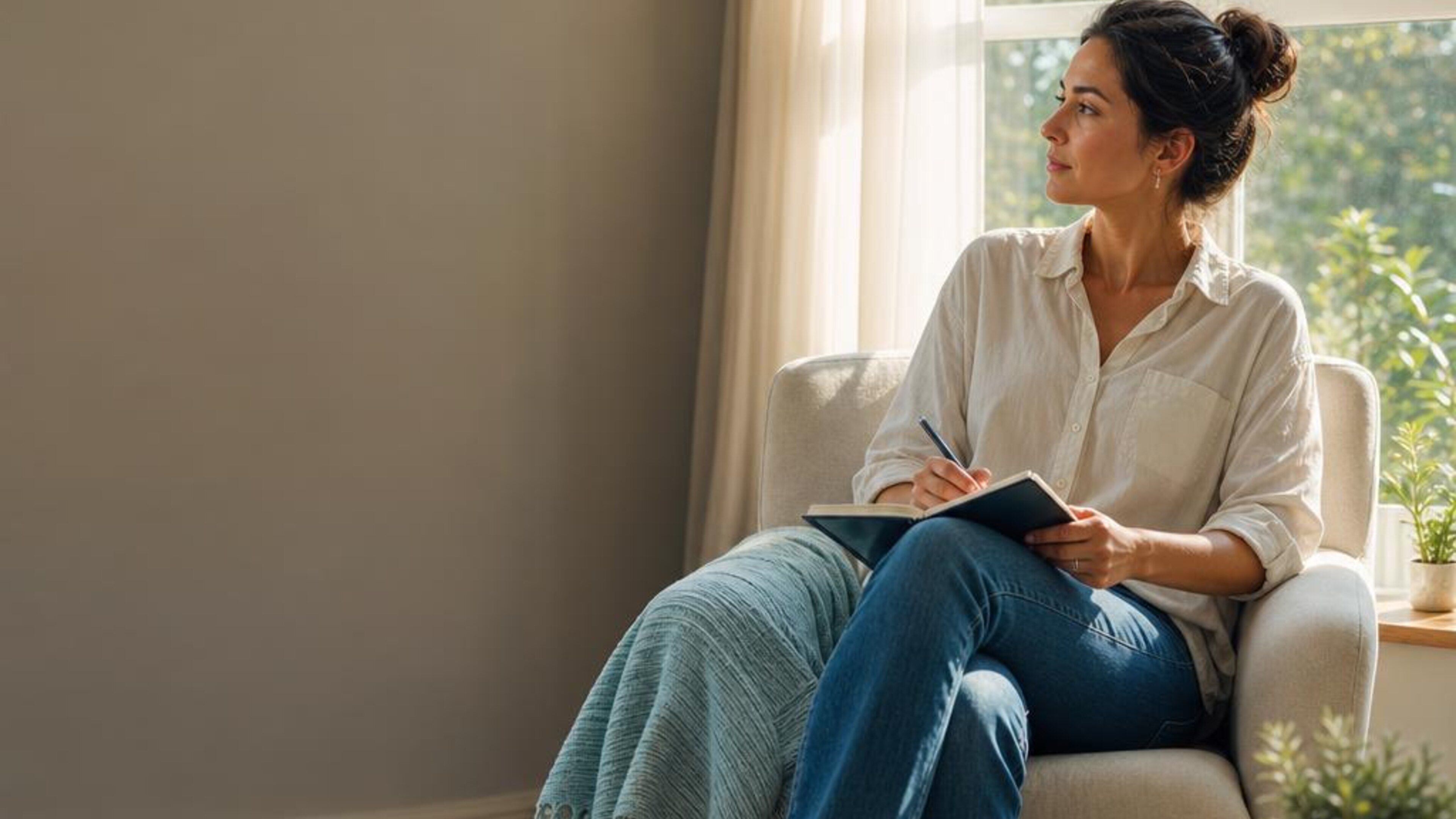 An adult sitting with a journal beside a sunlit living-room window, illustrating reflection on mood changes. Generated illustration, not an actual patient.