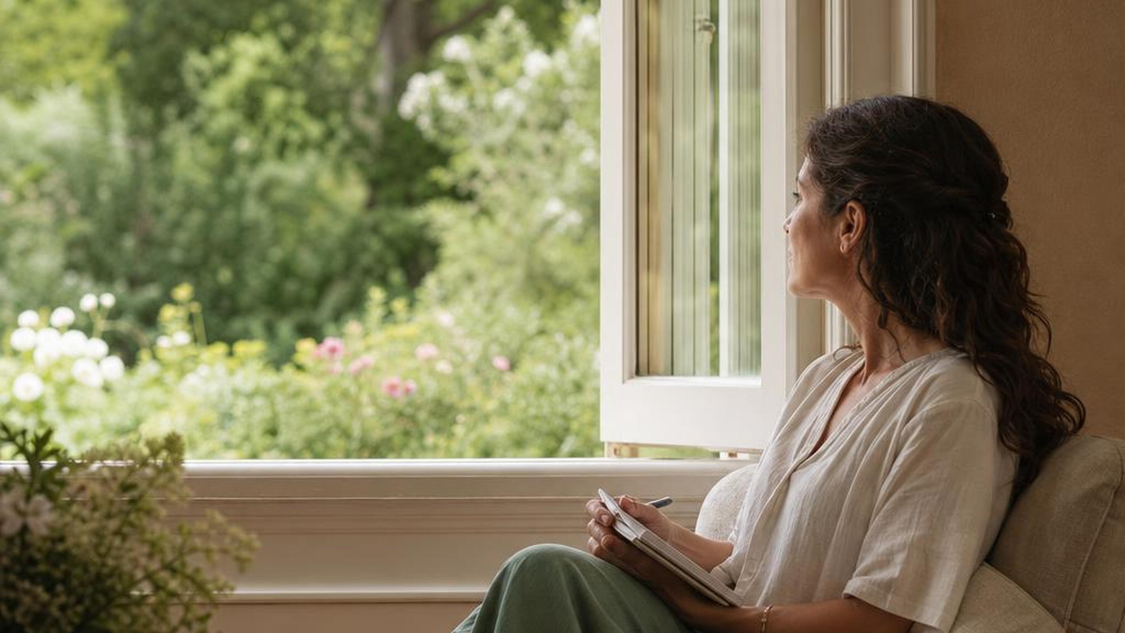 An adult holding a notebook beside a window overlooking a garden, illustrating privacy and a safe setting for PTSD support. Generated illustration, not an actual patient.