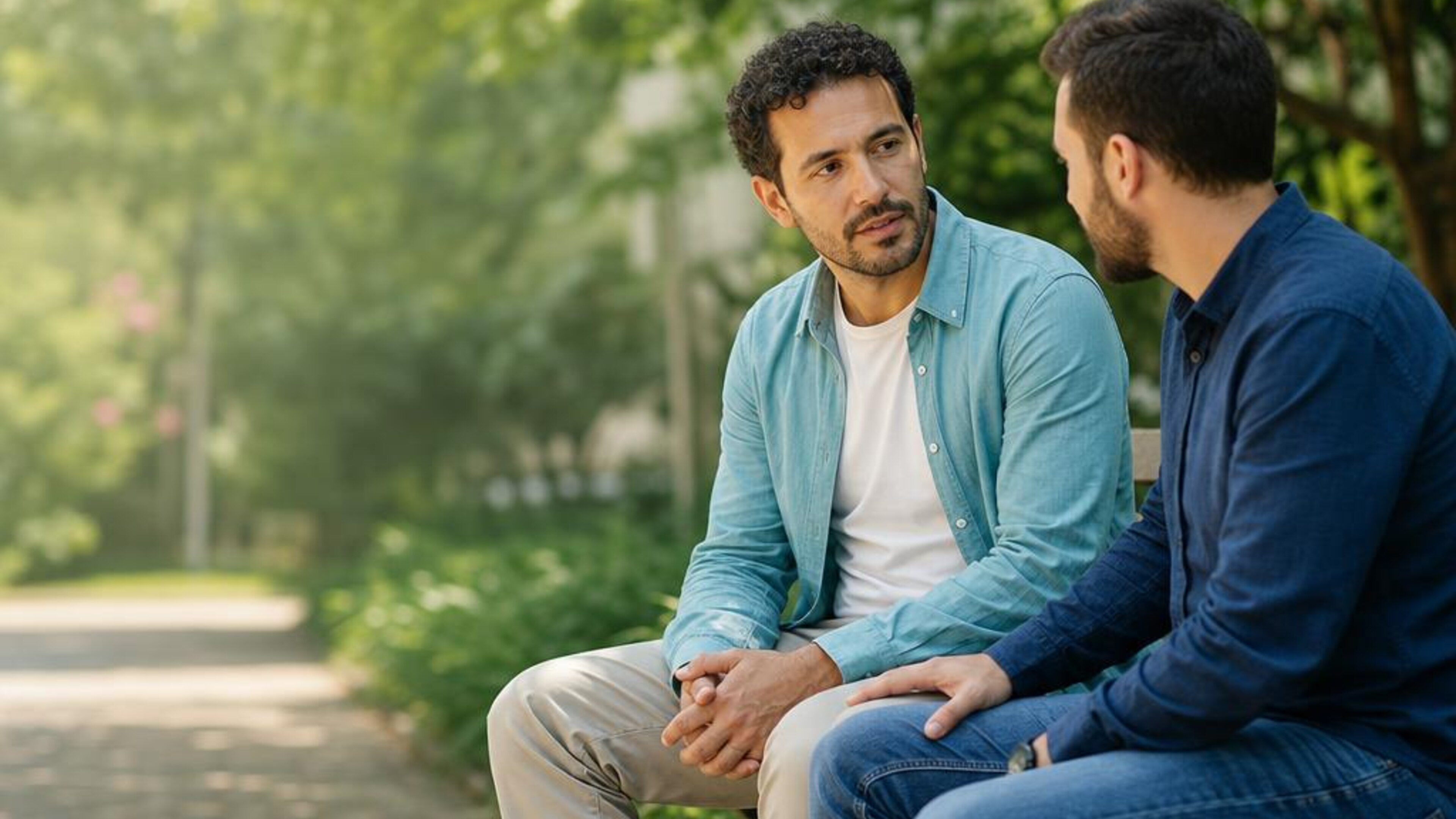 Two adults sitting together on a park bench in soft daylight, illustrating steady, supportive connection around schizophrenia care. Conceptual generated photo, not actual patients.