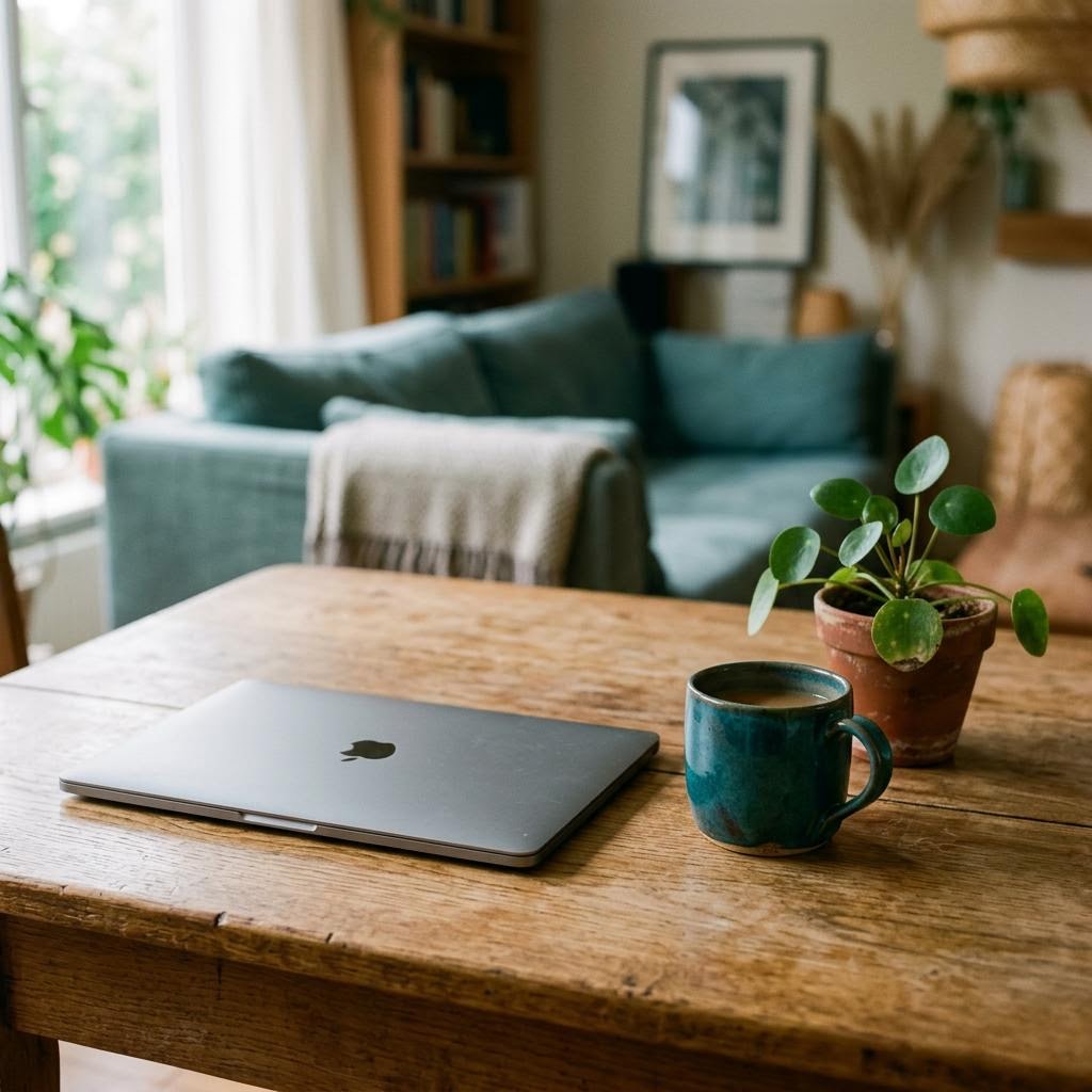 A laptop on a wooden table beside a cup and a small plant, ready for a video visit